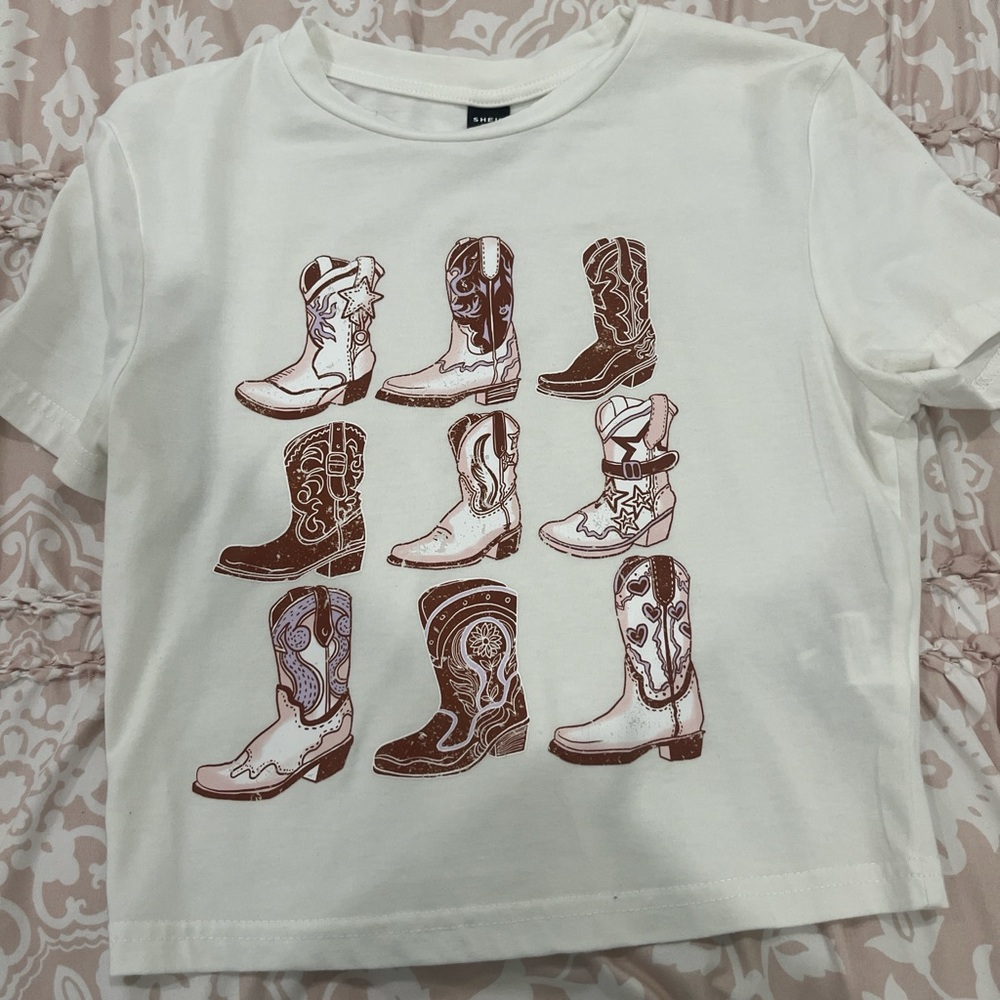 SHEIN White Crop Top with Brown Boot Print